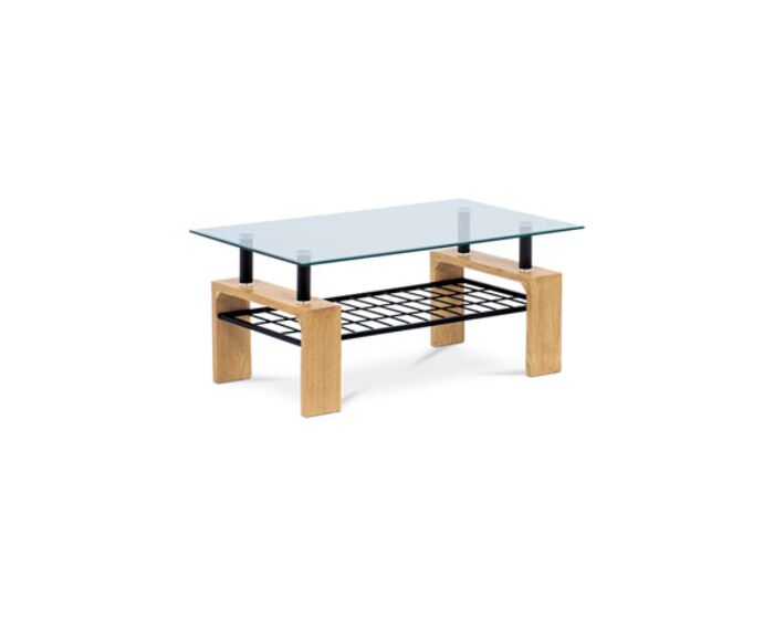 Konferenční stolek 110x60x44, čiré tvrzené sklo, MDF dekor divoký dub, kov černá AHG-380 OAK