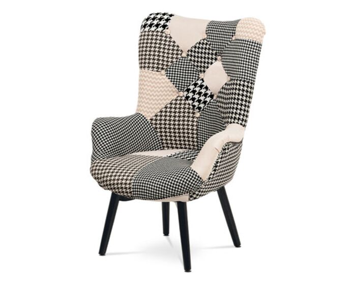 Křeslo, látka černobílá patchwork, masiv kaučukovník, černý lak AK-104 PW4