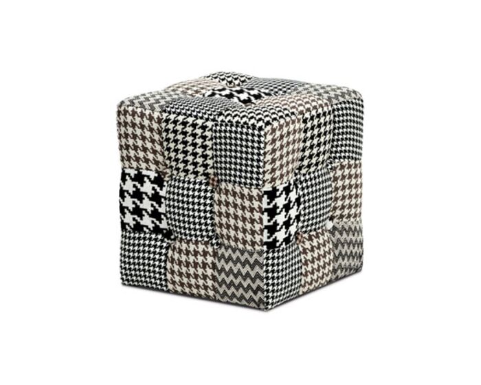 Taburet kostka, látka černobílá patchwork, kluzáky plast AK-115 PW4