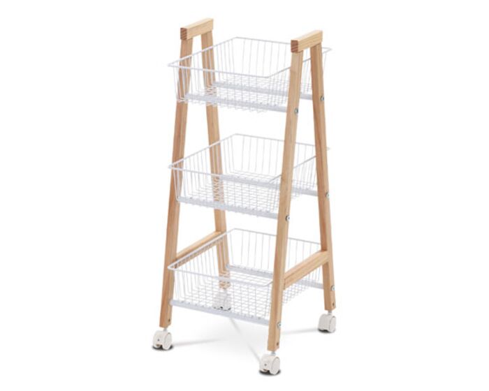 Regál, masiv smrk, 3 košíky bílý kov, plastová kolečka GC5562 WT