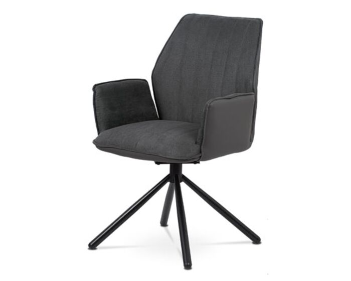 Jídelní židle, šedá ekokůže / látka, kovová podnož, černý matný lak, otočná se zpětným mechanismem HC-399 GREY2