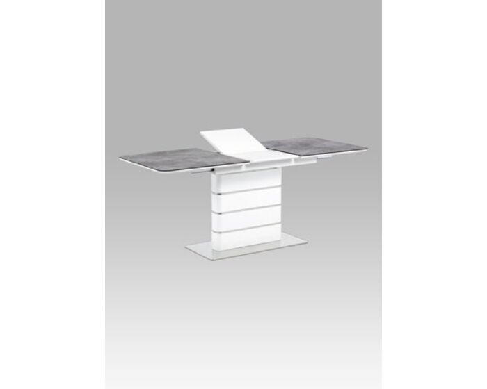 Jídelní stůl 140+40x80, šedé sklo, bílý vysoký lesk MDF, broušený nerez HT-455 GREY